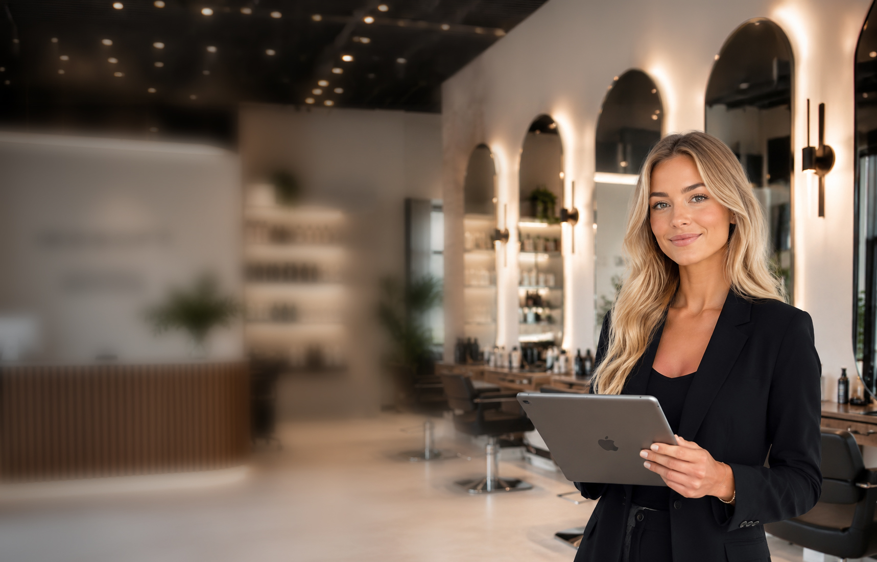 Professionnelle en salon avec une tablette IKOSOFT